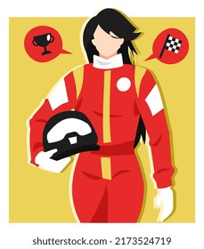 illustration of a female racer holding a helmet. walk. equipped trophy icon, racing flag icon. the concept of sports, riders, professions, ideals, beauty etc. flat vector