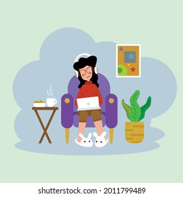 Illustration female relax at home with music, jobs, cookies, coffee and tea