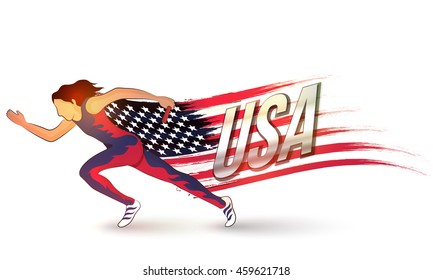 Illustration of female relay runner with creative American Flag on white background for Sports concept.