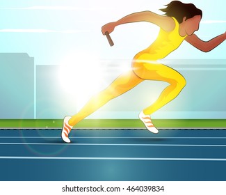 Illustration of female relay runner on race track, Creative Poster, Banner or Flyer design for Sports concept.