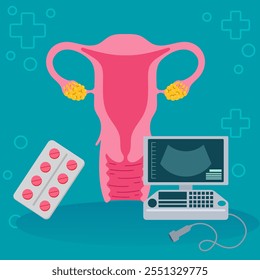 Ilustração do sistema reprodutivo feminino com máquina de ultrassom e medicamentos, simbolizando saúde ginecológica e tratamentos de fertilidade.