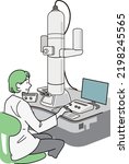 It is an illustration of a female researcher examining microorganisms with an electron microscope