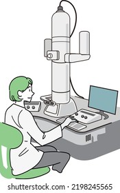 It is an illustration of a female researcher examining microorganisms with an electron microscope