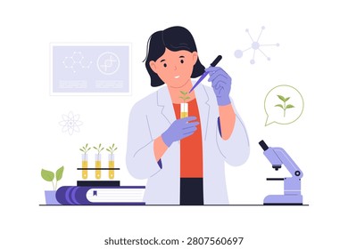 Illustration of Female Scientist Testing Plant Fluid. A female researcher using a pipette to add chemical fluid into a test tube containing a small green leaf sprout