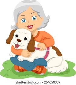 Illustration of a Female Senior Citizen Hugging Her Pet Dog