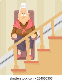 Illustration of a Female Senior Citizen Using a Wheelchair Lift to Climb Up the Stairs