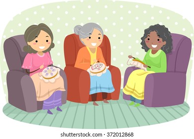 Illustration of Female Senior Citizens Enjoying Embroidery