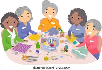 Illustration of Female Senior Citizens Enjoying their Sewing Hobby