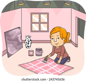 Ilustración de una diseñadora de conjuntos femenina que trabaja en un nuevo fondo de conjunto