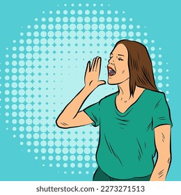 Illustration of female shouting or yelling announcing or promoting gesture.
Illustration of woman in retro comic pop art style.