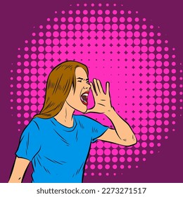 Illustration of female shouting or yelling announcing or promoting gesture.
Illustration of woman in retro comic pop art style.