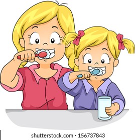 Illustration of Female Siblings Brushing Their Teeth Together