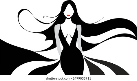 Illustration of female silhouette with black abstract clothes floating in air. Red lipstick woth high contrast