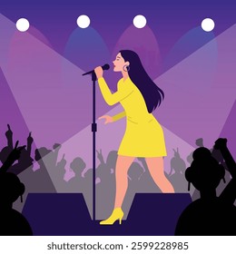 illustration of a female singer singing on stage. flat character design of female singer. female singing wearing yellow dress