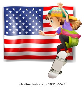 Illustration of a female skater near the USA flag on a white background