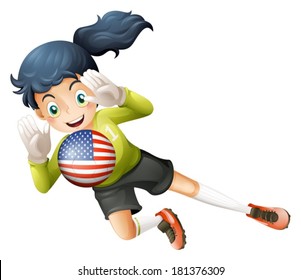 Illustration of a female soccer player with the United States flag on a white background