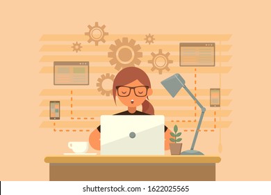 Illustration of female software engineers with brown background