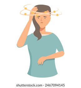 Illustration of a female with stars spinning around her head, depicting feelings of dizziness