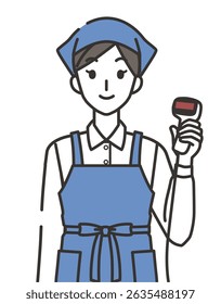 Ilustração de uma funcionária de loja segurando um leitor de código de barras