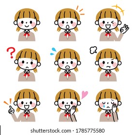 Illustration of female student facial expression set.