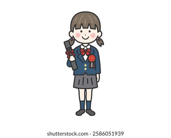 Illustration of a female student (line drawing) wearing a blazer and holding a diploma.