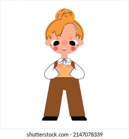 illustration of a female student in a school uniform holding a donut in her hands