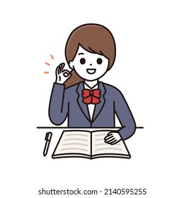 Illustration of a female student signing OK with a smile