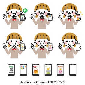 Illustration of female student with smartphone.