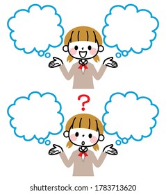 Illustration of a female student with a speech bubble.