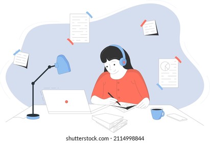illustration of female student studying online for university online education website. Girl study at the computer with books.