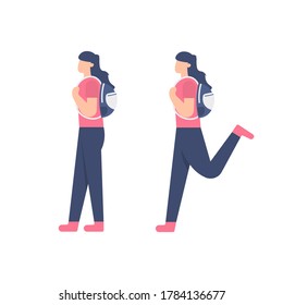 illustration of a female student walking and running while carrying a bag. flat design. can be used for elements, landing pages, UI, websites.