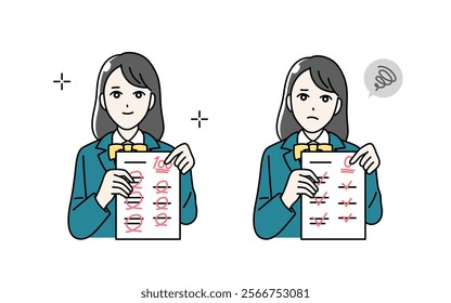Illustration of a female student wearing a school uniform holding a test answer sheet in her hand