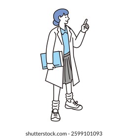 Illustration of a female student wearing a white coat in an isometric composition
