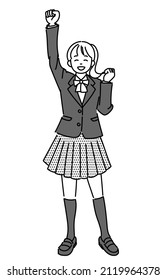 It is a ｍonochrome illustration of a female student who is pleased to push her fist up.Vector data that is easy to edit.