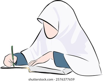 illustration of a female student writing on a book. this image is drawn manually without the help of AI