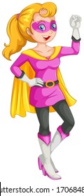 Illustration of a female superhero with a cape on a white background