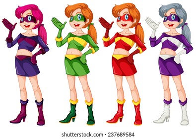 Illustration of female superhero in different color costumes