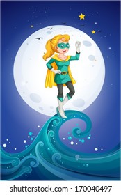 Illustration of a female superhero near the fullmoon