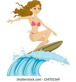 Illustration of a Female Surfer Riding the Waves