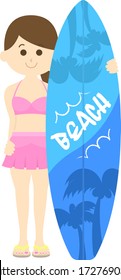 Illustration of a female surfer in a swimsuit.