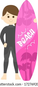 Illustration of a female surfer in a wetsuit.