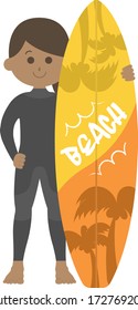 Illustration of a female surfer in a wetsuit.