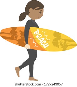 Illustration of a female surfer in a wetsuit.