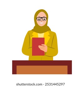 Illustration of a female teacher in glasses smiling enthusiastically with a book in hand, flat style vector isolated on a white background. Happy teachers' day