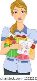 Illustration of a Female Teacher Holding Gifts from Her Students