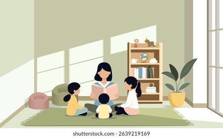 Illustration of a female teacher reading a book to children. Cozy and bright playroom