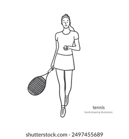 An illustration of a female tennis player holding a racket in her right hand and holding the ball in her left hand