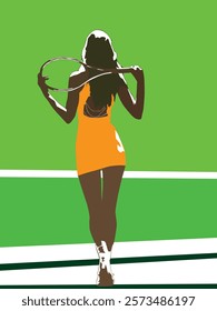 illustration of a female tennis player on a green tennis court. She is wearing a short orange dress and holding a tennis racket in her hands. The player stands with his back. Green background. Cartoon