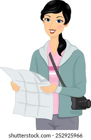 Illustration of a Female Tourist Checking Her Map