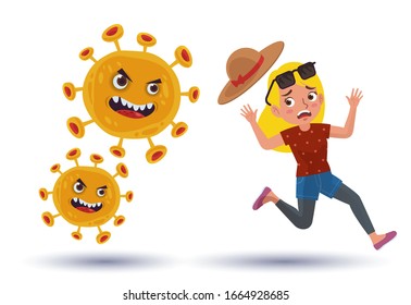 illustration of a female tourist who runs away with fear because of being chased by a virus